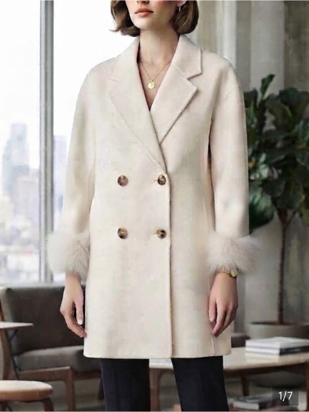 Doubled Faced Wool Blended Cream Double-Breasted Coat with Fox Fur Cuffs